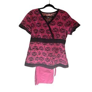 Pink & Black Damask Print Scrub Brand Koi Set V-Neck Top & Pants